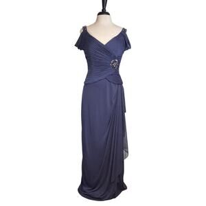 New ALEX EVENINGS Purple Ruched Bodice Draped Skirt Brooch Accent Long Gown Sz10